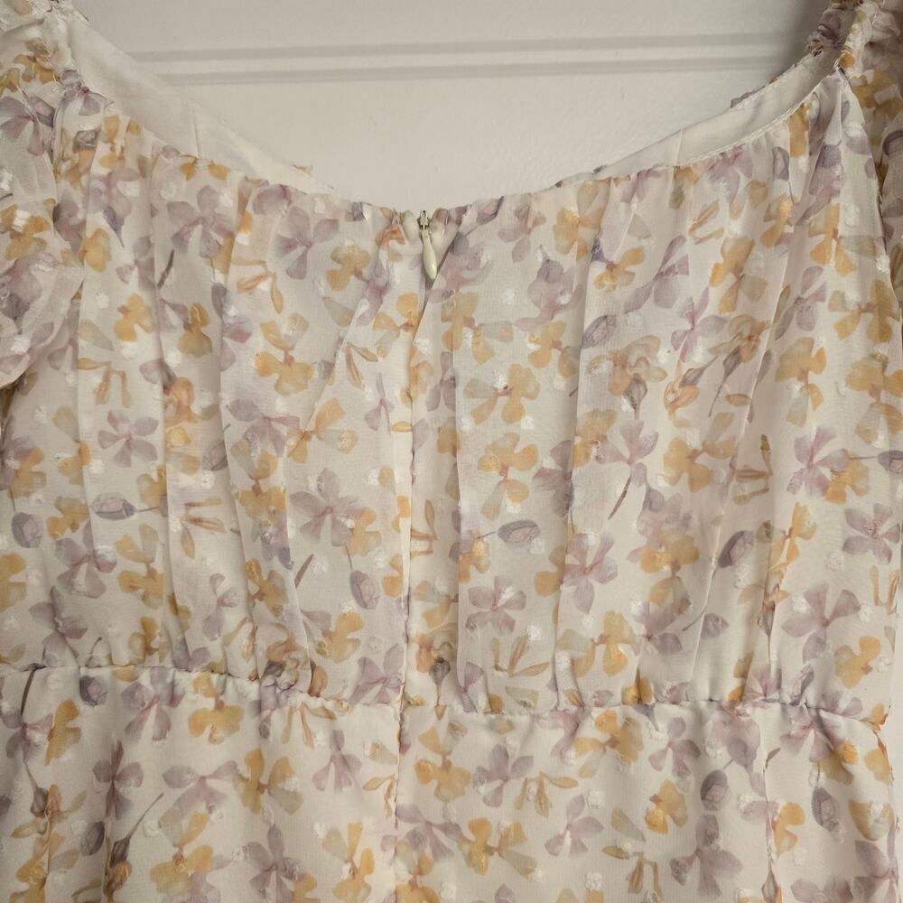 Women's Simplee Swiss Dot Floral Off the Shoulder Puff Sleeve Dress | Size Small - Picture 10 of 12